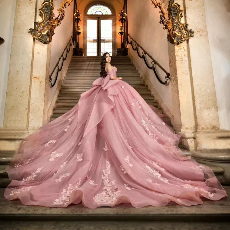 Pink Off Shoulder Ball Gown with Sweep Train - Formal Quinceaera & Sweet  16 Dress for Teenagers | Elegant Tiered Party Gown