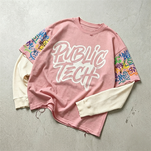 เสื้อยืดสกรีนลายกราฟฟิตีแบบหลวมสไตล์สตรีทพิมพ์ลายสองชั้นสำหรับผู้ชาย สั่งซื้อทดลองได้ในราคาพิเศษสำหรับการสั่งซื้อจำนวนมาก - Product Image 1