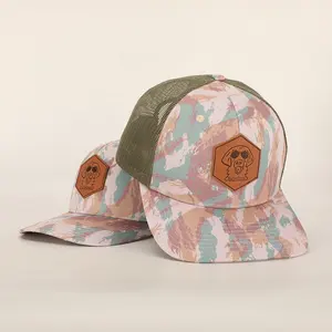 BSCI Wholesale Custom 6 Panel Outdoor Sport Hat High Quality Leather Patch Logo Camo Cotton Gorras Classics Mesh Trucker Cap