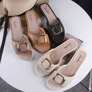 Women's Summer Flat Daily Low Heel Sandals New Thick Heel Slippers with Square Buckle Outerwear Slip - EU Size 35