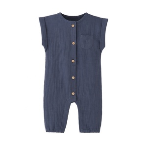 夏の新生児女の子男の子ロンパースボディスーツジャンプスーツ無地ラウンドネックノースリーブボタンアップロンパース - Product Image 3