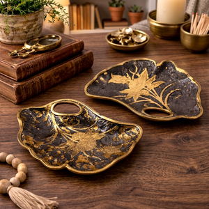 Assiettes décoratives en métal orientales faites à la main avec incrustations dorées, motif floral, forme irrégulière, pour cadeaux - Product Image 6