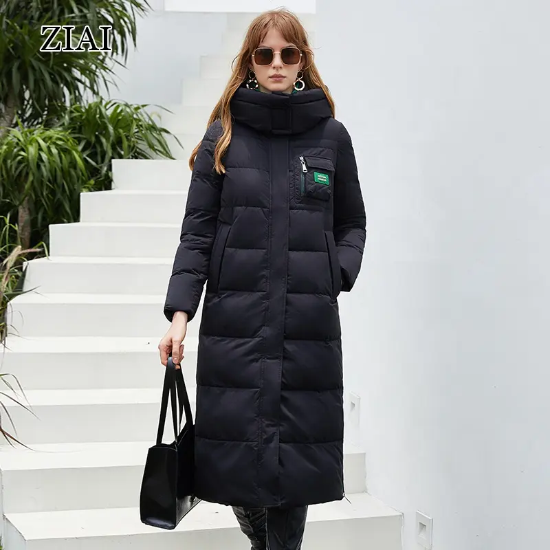 Nouvel arrivage veste d'hiver avec capuche femme mode couleur unie veste imperméable noir long manteau en duvet de canard