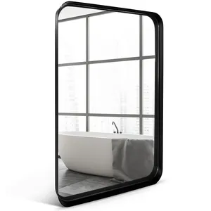 กระจกติดผนังสำหรับห้องน้ำ,กรอบโลหะสีดำ22X30,กรอบโลหะสแตนเลสที่มีมุมโค้งมน,แผงกระจกสี่เหลี่ยมผืนผ้า