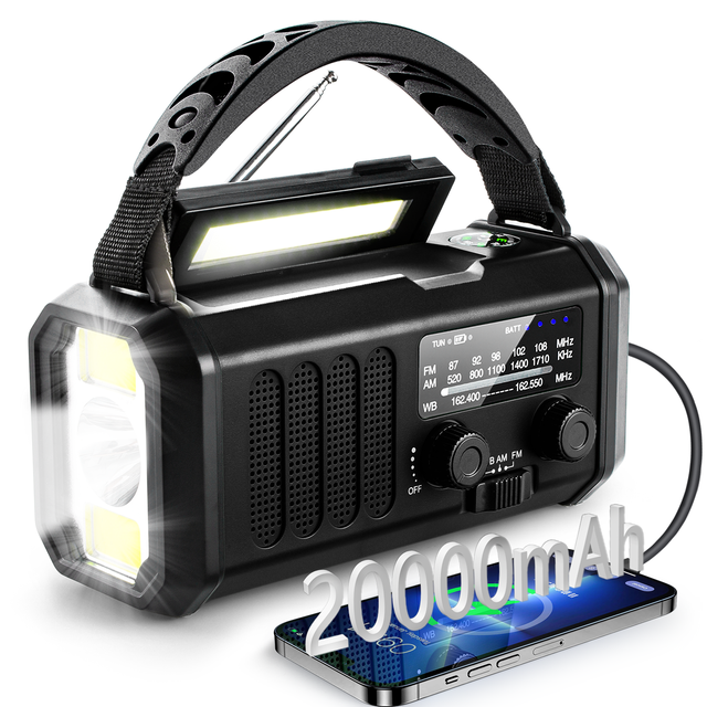 20000mah Portable FM Radio Power Bank Hand Crank Emergency Solar Charger with LED Flashlight Internet Radio Function
