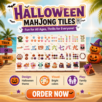 Jeu de Mahjong en Acrylique à Motif Chat de Dessin Animé d'Halloween, Tuiles Entières Imprimées Double Couche, Pliable et Portable, Jeu Américain pour Fêtes Familiales