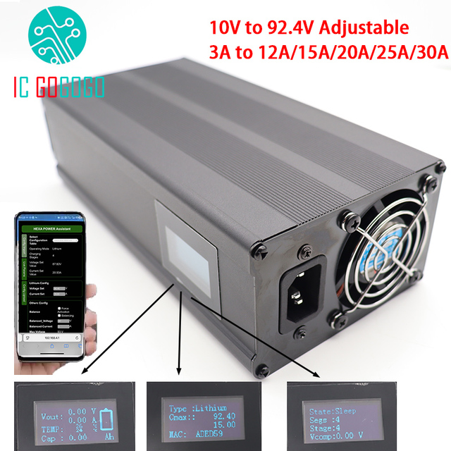 10V to 92.4V 3A to 30A Adjustable Lithium Battery Charger 24V 36V 48V 60V 72V 84V 15A 20A 25A Li-ion Lifepo4 Bluetooth ion LFP