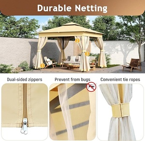 Gazebo Extérieur Beige Tente Double Toits Patio Auvent <span class=keywords><strong>Moustiquaire</strong></span> pour Jardin Pelouse <span class=keywords><strong>Terrasse</strong></span> pour Terrasses Comprend un Accessoire LED - Product Image 4