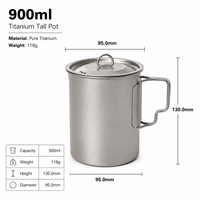Pot de camping en titane de 900 ml, léger, en titane pur, avec couvercle, ustensiles de cuisine pour la randonnée en plein air, équipement de camping