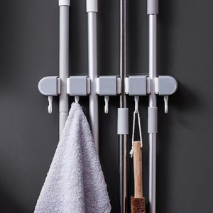 <b>Adhesive</b> <b>Hooks</b> For Bathroom And Home Use Wall Mounted Behind Door Traceless Mop Clips Household Storage Gray And White Plastic - Product Image 1
