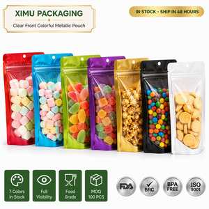 Sachet Doypack Ximu avec fermeture éclair, face transparente colorée et dos en aluminium, pour emballage alimentaire et de snacks, vente en gros usine - Product Image 1