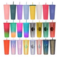 BSBH Nouveau style design moderne Tasse à café en plastique diamantée de 24 oz avec paille et couvercle, réutilisable, emballage cadeau
