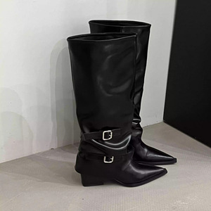 Women's fashionable high-heeled pointed-toe buckle leather western <b>boots</b> with classic style and long-lasting durability - Product Image 5