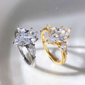 Bague de fiançailles en laiton avec zircon taille marquise, plaqué or 18 carats, pour femme - Product Image 1