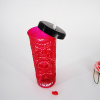 OEM/ODM Gobelets Tiki en plastique incassable rouge/bleu/vert/transparent avec couvercle et paille, approvisionnement d'usine personnalisé