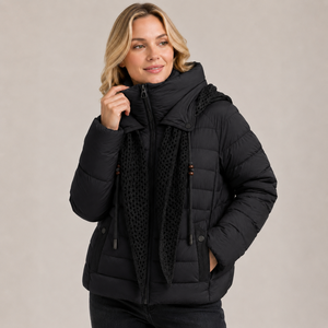 Veste matelassée noire pour femme avec capuche amovible, coupe-vent, manteau d'hiver, manches longues, coupe régulière, rembourrage en polyester - Product Image 1