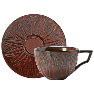 Ensemble tasse à café et soucoupe en céramique vintage à motif soleil gaufré, 200 ml, en porcelaine émaillée effet four, pour café - Product Image 5