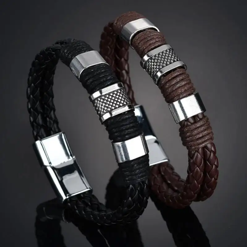 HorizonNew Punk Black Brown Braid Leather Bracelets Men Cool Stainless Steel Bracelets
