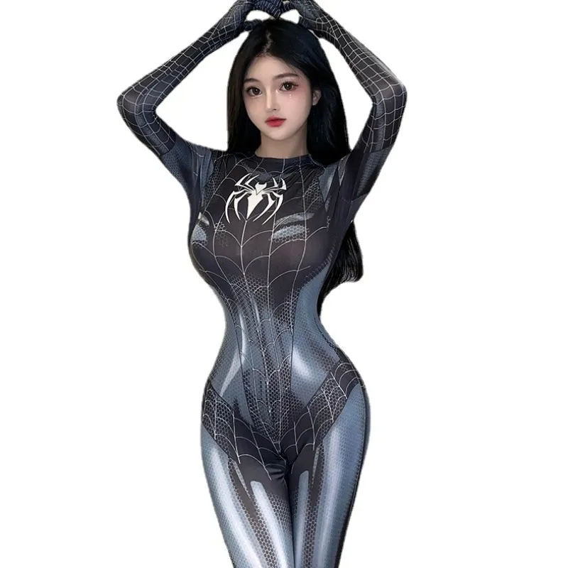 Mono con patrón de araña para mujer, disfraz de Halloween de superhéroe para chica, Catsuit, mono elástico, conjuntos de traje de juego de nailon para hombre araña