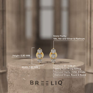 Pendientes de Oro Sólido de 14K con Tres Diamantes Redondos de Laboratorio, Diseño Vertical Minimalista, Joyería Fina para Mujer, Elegantes para Uso Diario - Product Image 4