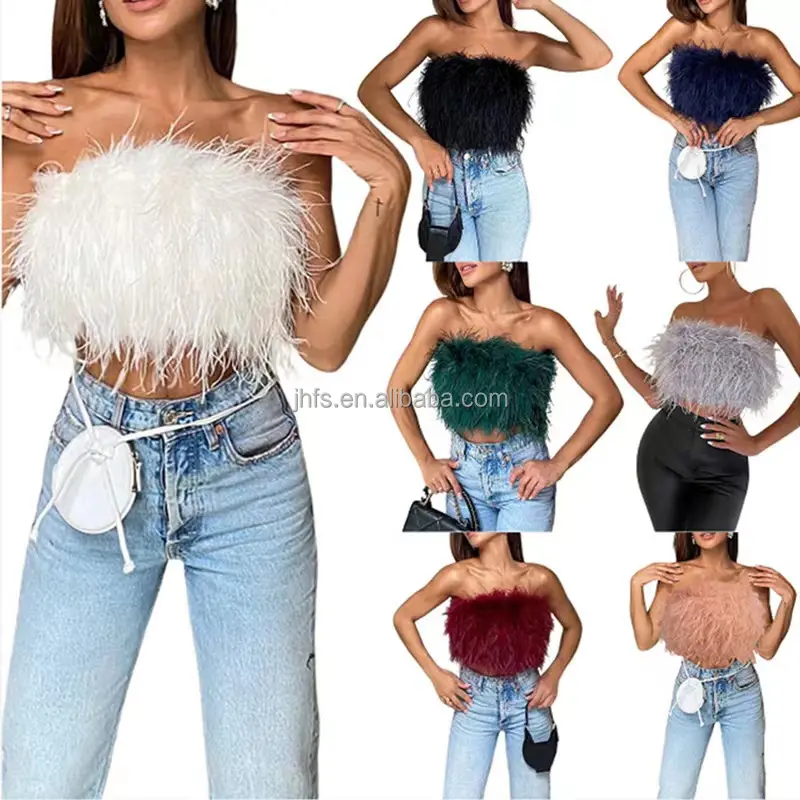 J&H summer 2022 trendy feather top for ladies sexy strapless tube crop top chic women's blouses & shirts