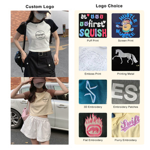 Deux couleurs dames basique manches raglan Crop hauts t-shirt brodé blanc encolure ronde bébé t-shirt femmes taille unique t-shirt - Product Image 2