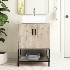 24 "लकड़ी ओक बाथरूम वैनिटी कैबिनेट डबल डोर बाथरूम भंडारण अलमारियाँ बाथरूम वेनिटीज आधुनिक