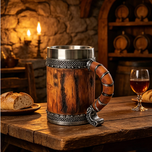 Chope à bière <span class=keywords><strong>en</strong></span> <span class=keywords><strong>bois</strong></span>, grande tasse Viking, chope à bière avec poignée, chope à double paroi <span class=keywords><strong>en</strong></span> acier inoxydable - Product Image 2