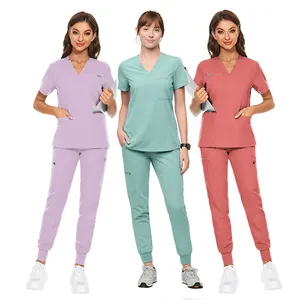 Fashionable Hospital Polyester Rayon Spandex Jogger Women Scrub Sets Uniforms Custom Scrubs