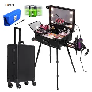 Professional Trolley Roller Makeup Case Large Led Mirror Cosmetic Makeup Case Aluminum Makeup Travel Box with Light and MP3