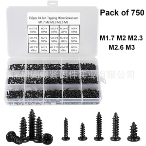Black Carbon Steel Self Tapping Screws M1.7 M2 M2.3 M2.6 M3 Pan Head Phillips 750pcs Metric Plastic <b>Fasteners</b> - Product Image 2