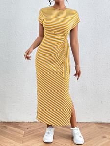 Robe <span class=keywords><strong>longue</strong></span> rayée 2026, nouvelle robe rayée à la mode étrangère, coupe ajustée, taille cintrée, fente, col rond, pour femmes - Product Image 6