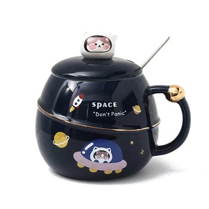 Tasse à café japonaise en céramique rose, avec couvercle et cuillère, en céramique, kawaii planètes, vente en gros - Product Image 4