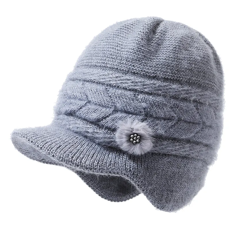 Winter Hats Ribbed Knitted Wool Cap Hat Winter Warm Brim Peaked Visor Knit Beanie Hats