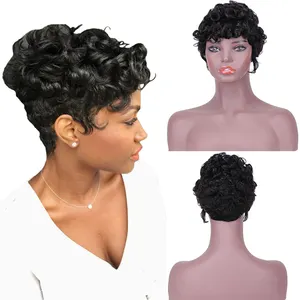 Оптовая продажа, Короткие парики из натуральных волос, парики из волнистых бразильских волос для черных женщин, дешевые, бесклеевые парики