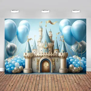 摄影背景童话蓝色城堡花气球王子男孩儿童生日派对装饰照片背景工作室