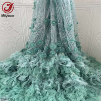 Tissu en dentelle de tulle à paillettes turquoise, broderie de plumes, applique 3D, vente en gros pour mariage