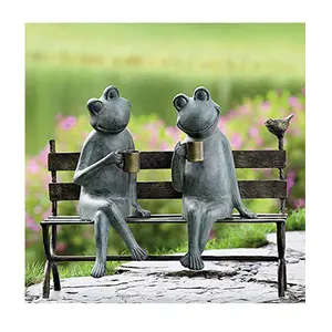 Garden Metal Frog Sculpture Cast Bronze Frog Statue Frogs On Bench Drinking With A Bird For Outdoor Decoration