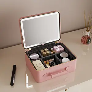 Boîte de rangement éclairée rechargeable avec logo personnalisé en gros trousse de maquillage cosmétique de voyage avec miroir lumineux à led