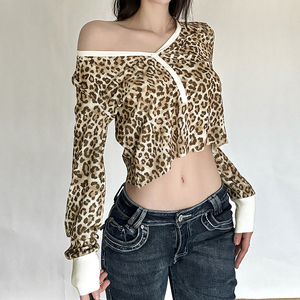 Top Corto Tipo Cárdigan con Estampado de Leopardo, Cuello en V, Manga Larga Holgada, Camiseta con Botones, Estilo Casual y Sexy - Product Image 2