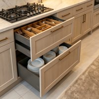 Armoire de cuisine Shaker en bois clair CBMmart avec bande LED, îlot cascade en marbre, cuisine personnalisée pour l'intérieur de villa