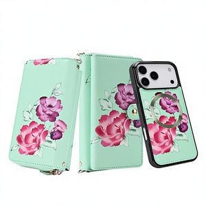 Funda Cartera de Cuero Pola con Estampado Floral para iPhone, con Anillo de Soporte, Protección 360, Cierre Magnético, Diseño Rosa Verde - Product Image 1