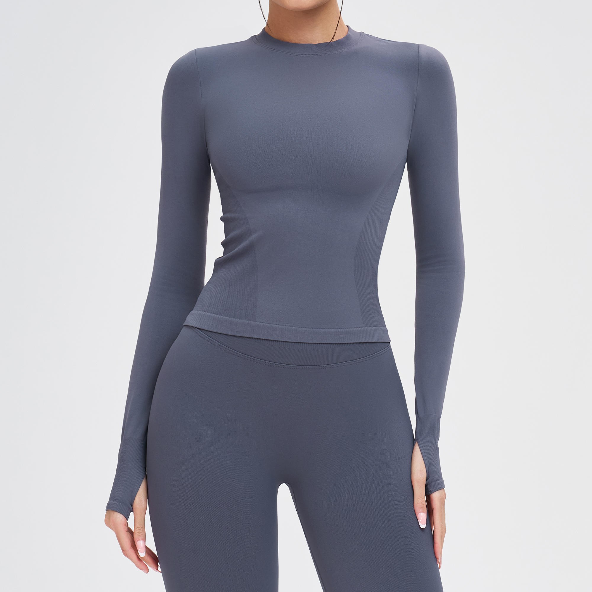 Seamless Yoga Long-Sleeved Crew Neck Skinny Fit Breathable Lightweight Quick Dry Four-Way Stretch Eco-Friendly Spandex/Nylon