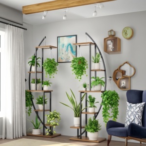 Nueva llegada elegante media luna en forma de 5 niveles de metal y soporte de flores de madera con luces de cultivo para la decoración del hogar sala de estar - Product Image 3