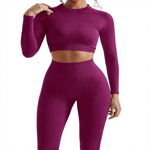 Purple Seamless Yoga Set Women High Waist Leggings <b>Crop</b> <b>Top</b> Full <b>Sleeve</b> Sport Wear Two Piece Gym Outfit Stretchable Activewear - Product Image 1