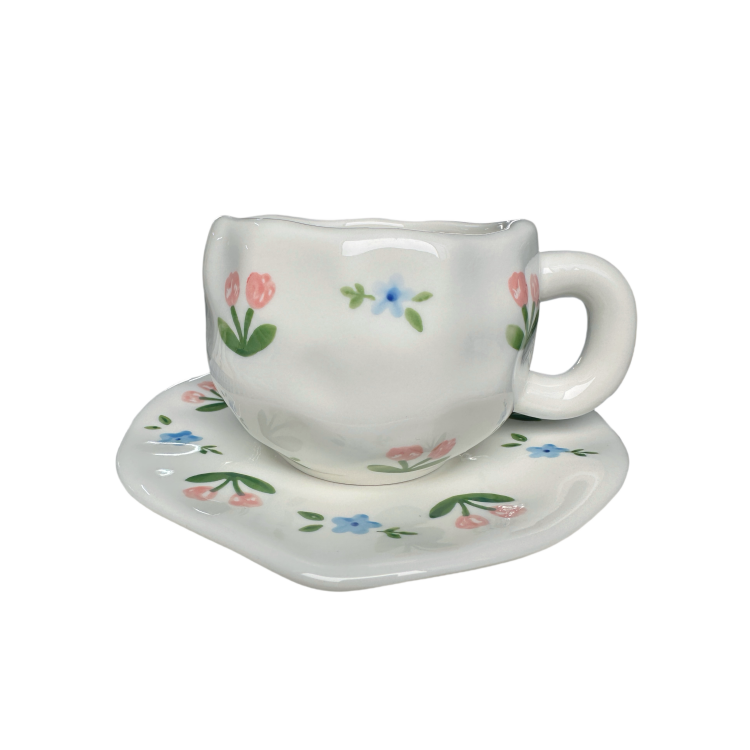 ถ้วยดอกไม้สีชมพูสีน้ำเงินขนาด300มล. จาน16ซม.