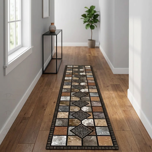 Tapis de cuisine moderne luxueux en polyester antidérapant avec motifs abstraits blancs, beiges et bruns - Product Image 1