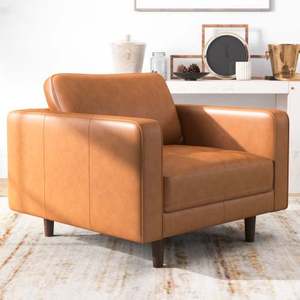 Sillón Catherine de Cuero Estilo Moderno de Mediados de Siglo con Patas de Nogal en Cuero Genuino Color Bronceado para Sala de Estar, Dormitorio o Sala de Espera - Product Image 4
