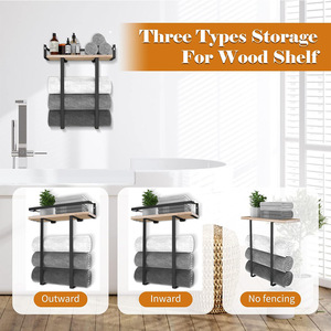 Wooden Towel Rack With Fencing And Mesh Wall Mounted Organizer <b>Shelf</b> 4 <b>Bars</b> 3 Floors Minimalist Design Bathroom Storage - Product Image 3