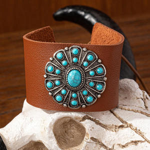 <span class=keywords><strong>DW</strong></span>-24 vente en gros Vintage Western Cowboy Style main bijoux réglable large Turquoise PU <span class=keywords><strong>cuir</strong></span> <span class=keywords><strong>Bracelet</strong></span> <span class=keywords><strong>Bracelet</strong></span> - Product Image 5